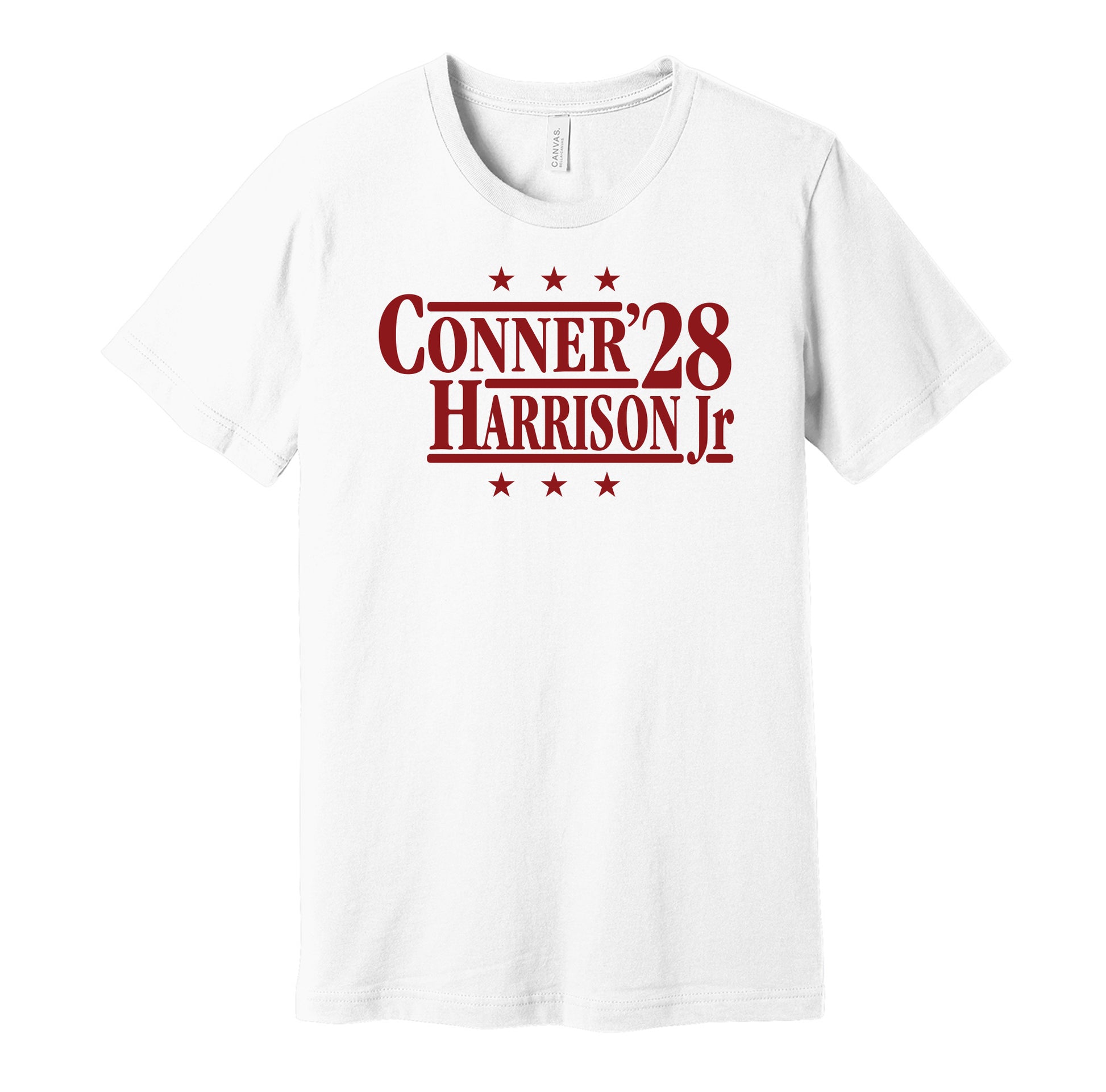 Cardinals retro political campaign parody white t-shirt featuring James Conner and Marvin Harrison Jr. '28, designed in a vintage election style by Hyper Than Hype Shirts.