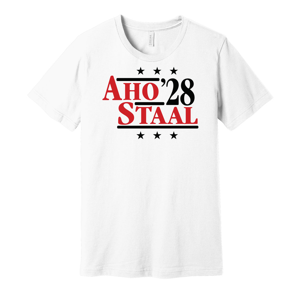 Carolina Hurricanes retro political campaign parody white t-shirt featuring Sebastian Aho and Jordan Staal '28, designed in a vintage election style by Hyper Than Hype Shirts.