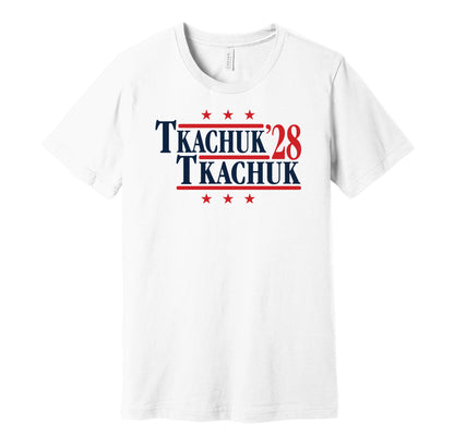 Florida Panthers retro political campaign parody white t-shirt featuring Matthew Tkachuk and Brady Tkachuk '28, designed in a vintage election style by Hyper Than Hype Shirts.