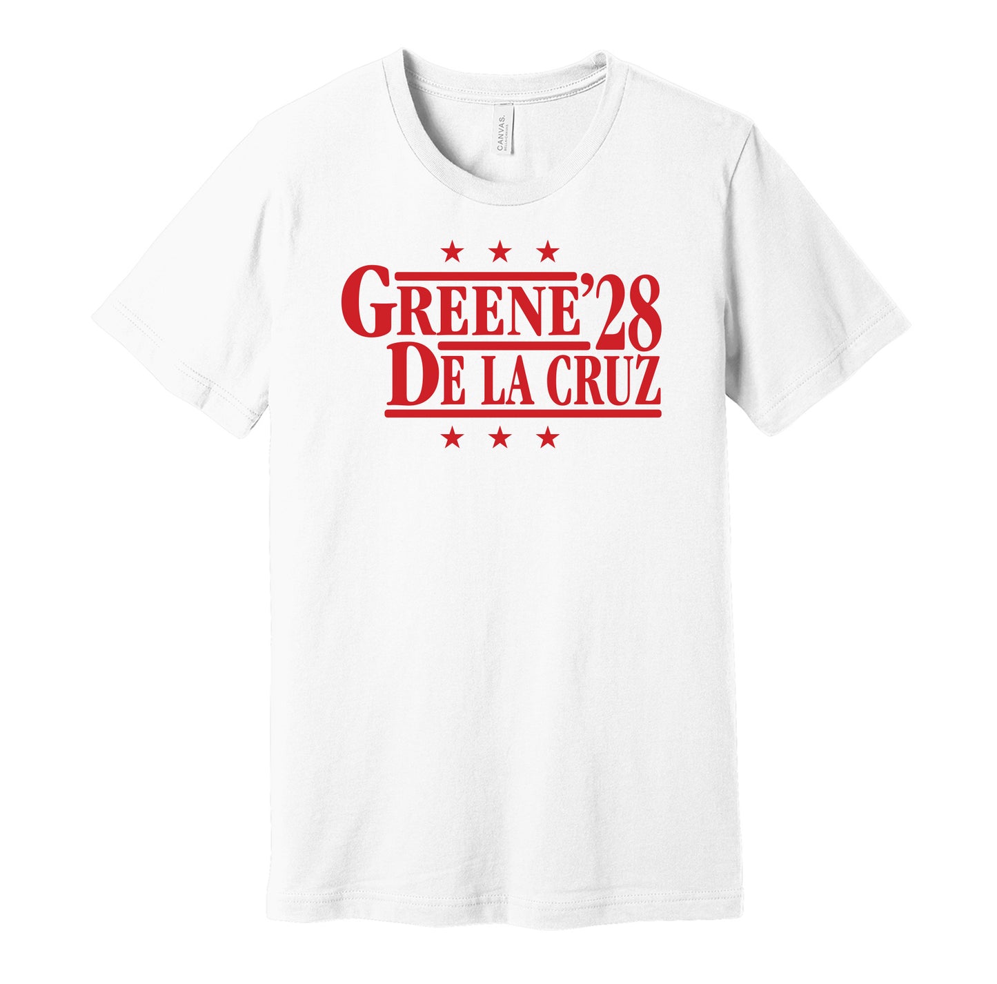 Cincinnati Reds retro political campaign parody white t-shirt featuring Hunter Greene and Elly De La Cruz '28, designed in a vintage election style by Hyper Than Hype Shirts.