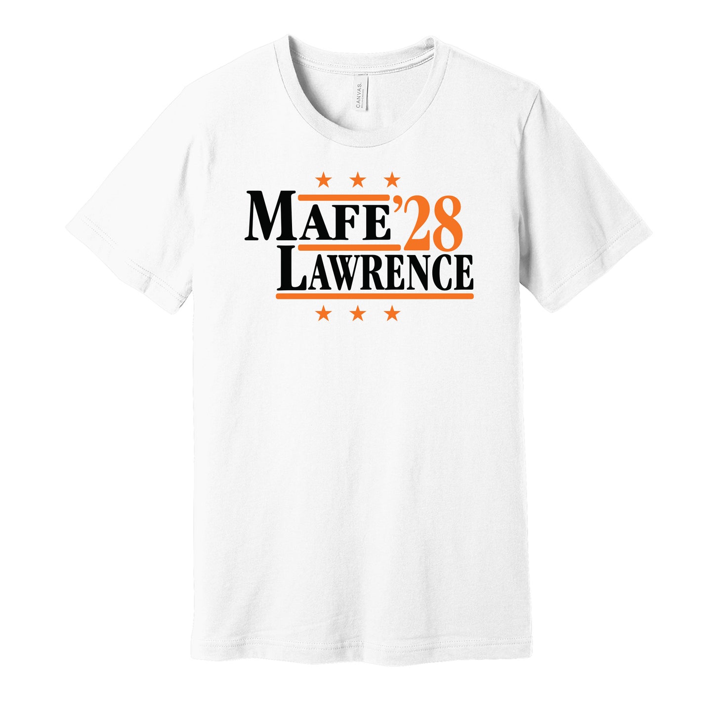 Cincinnati Bengals retro political campaign parody white t-shirt featuring Boye Mafe and Dexter Lawrence '28, designed in a vintage election style by Hyper Than Hype Shirts.