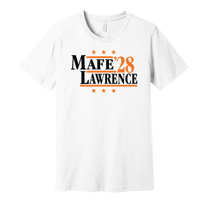 Cincinnati Bengals retro political campaign parody white t-shirt featuring Boye Mafe and Dexter Lawrence '28, designed in a vintage election style by Hyper Than Hype Shirts.