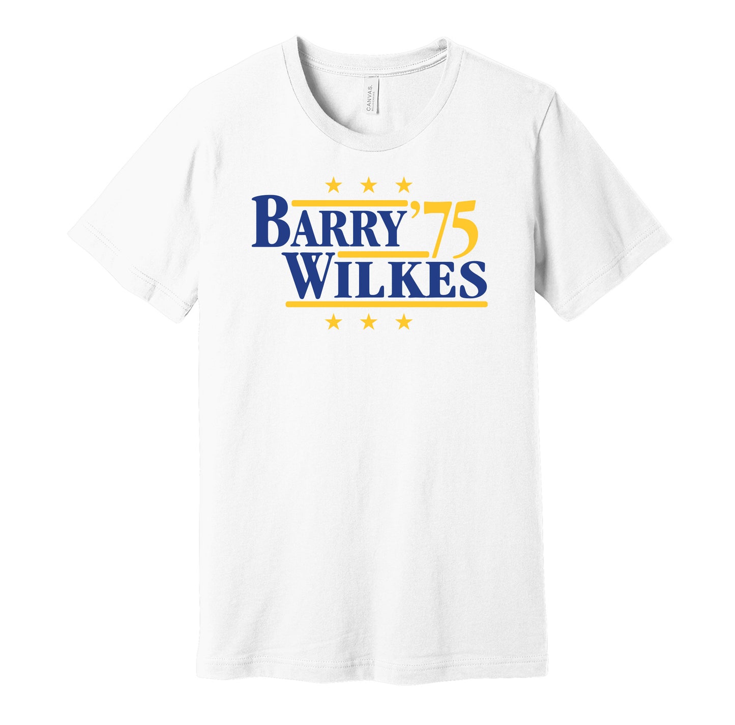 Golden State Warriors retro political campaign parody white t-shirt featuring Rick Barry and Jamaal Wilkes '75, designed in a vintage election style by Hyper Than Hype Shirts.