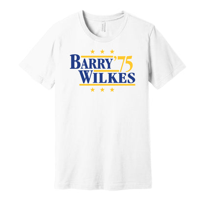 Golden State Warriors retro political campaign parody white t-shirt featuring Rick Barry and Jamaal Wilkes '75, designed in a vintage election style by Hyper Than Hype Shirts.