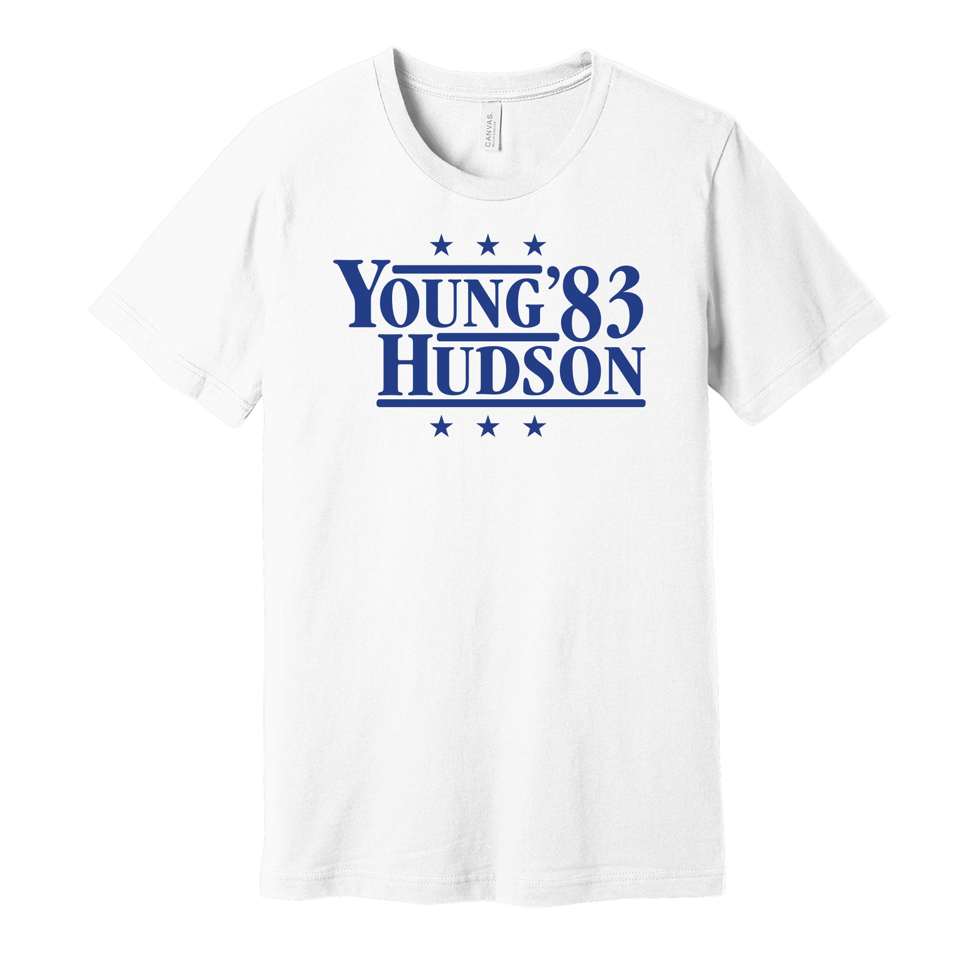 BYU Cougars retro political campaign parody white t-shirt featuring Steve Young and Gordon Hudson '83, designed in a vintage election style by Hyper Than Hype Shirts.