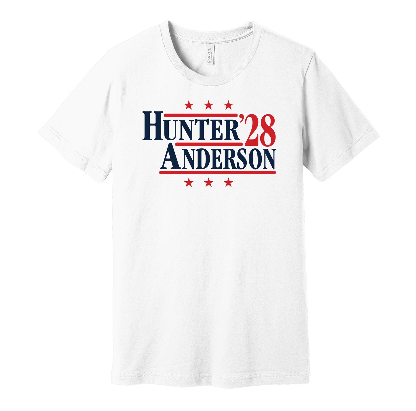 Houston Texans retro political campaign parody white t-shirt featuring Danielle Hunter and Will Anderson Jr. '28, designed in a vintage election style by Hyper Than Hype Shirts.