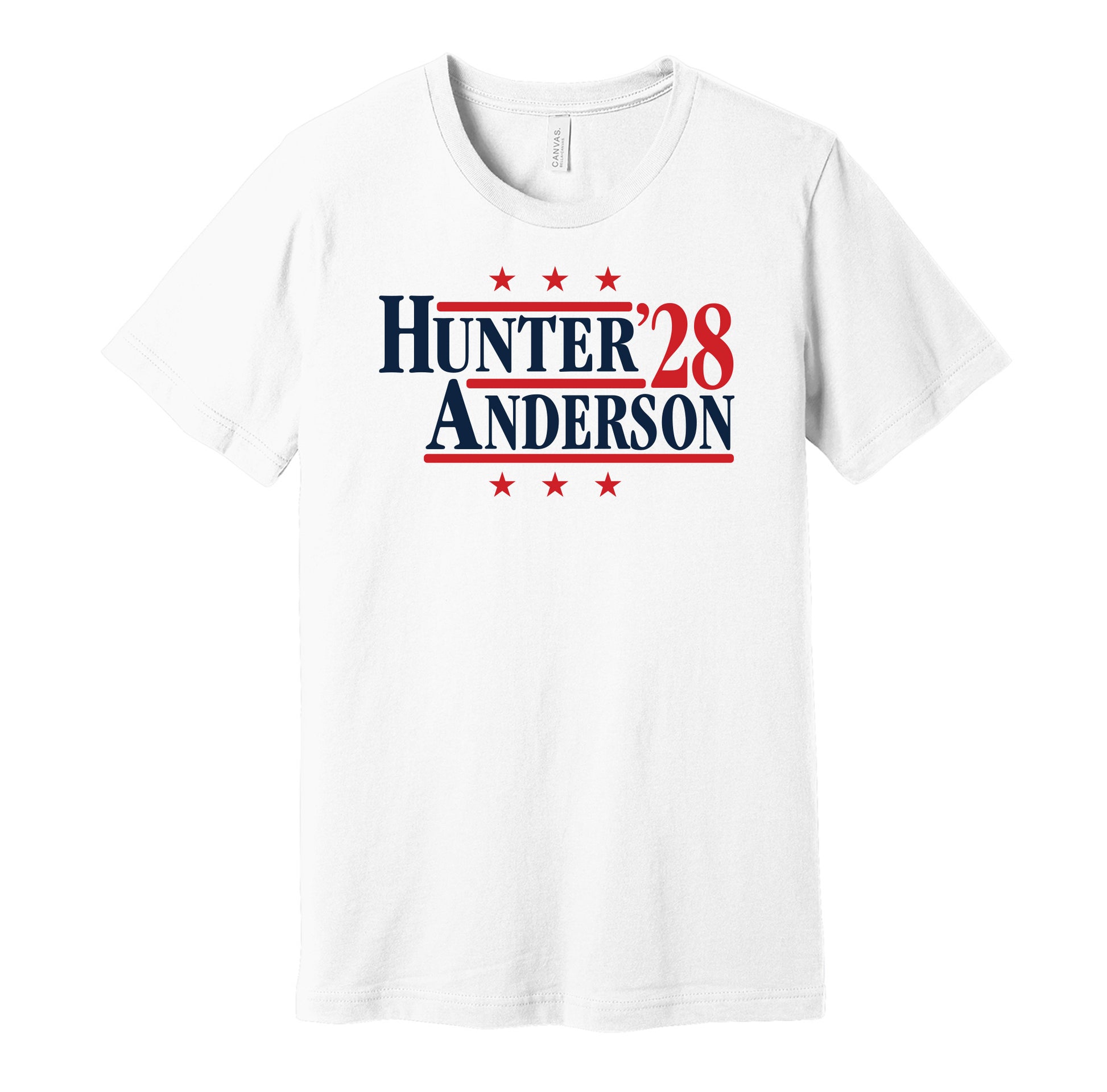 Houston Texans retro political campaign parody white t-shirt featuring Danielle Hunter and Will Anderson Jr. '28, designed in a vintage election style by Hyper Than Hype Shirts.