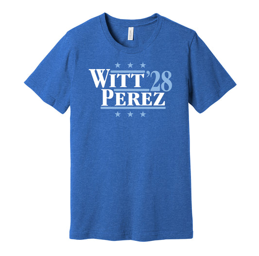Kansas City Royals retro political campaign parody royal blue t-shirt featuring Bobby Witt Jr. and Salvador Perez '28, designed in a vintage election style by Hyper Than Hype Shirts.