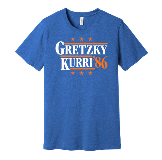 Edmonton Oilers retro political campaign parody blue t-shirt featuring Wayne Gretzky and Jari Kurri '86, designed in a vintage election style by Hyper Than Hype Shirts.