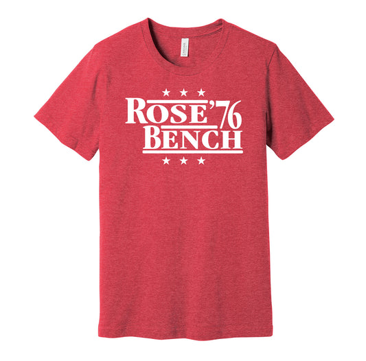 Cincinnati Reds retro political campaign parody red t-shirt featuring Pete Rose and Johnny Bench '76, designed in a vintage election style by Hyper Than Hype Shirts.