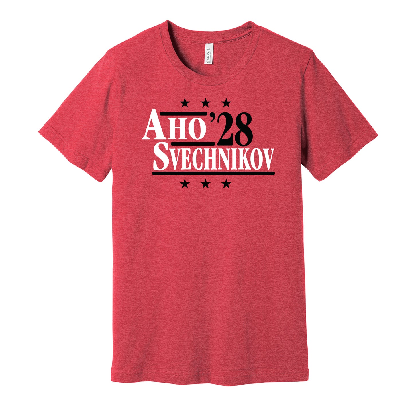 Carolina Hurricanes retro political campaign parody red t-shirt featuring Sebastian Aho and Andrei Svechnikov '28, designed in a vintage election style by Hyper Than Hype Shirts.