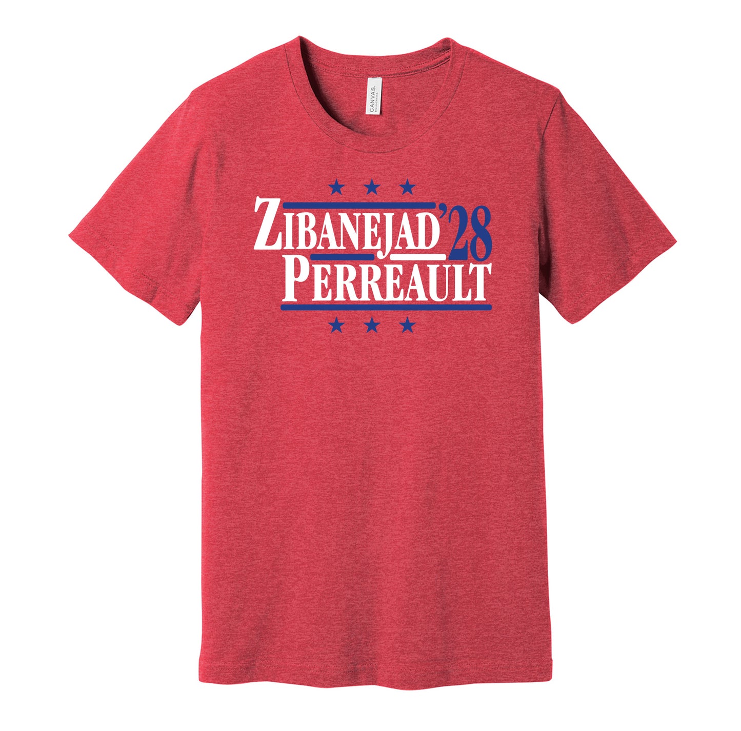 New York Rangers retro political campaign parody red t-shirt featuring Mika Zibanejad and Gabriel Perreault '28 design