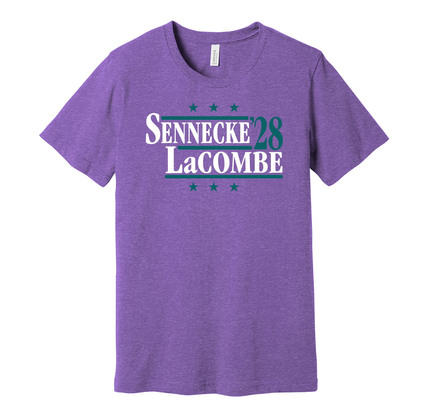 Anaheim Ducks retro political campaign parody purple t-shirt featuring Beckett Sennecke and Jackson LaCombe '28, designed in a vintage election style by Hyper Than Hype Shirts.