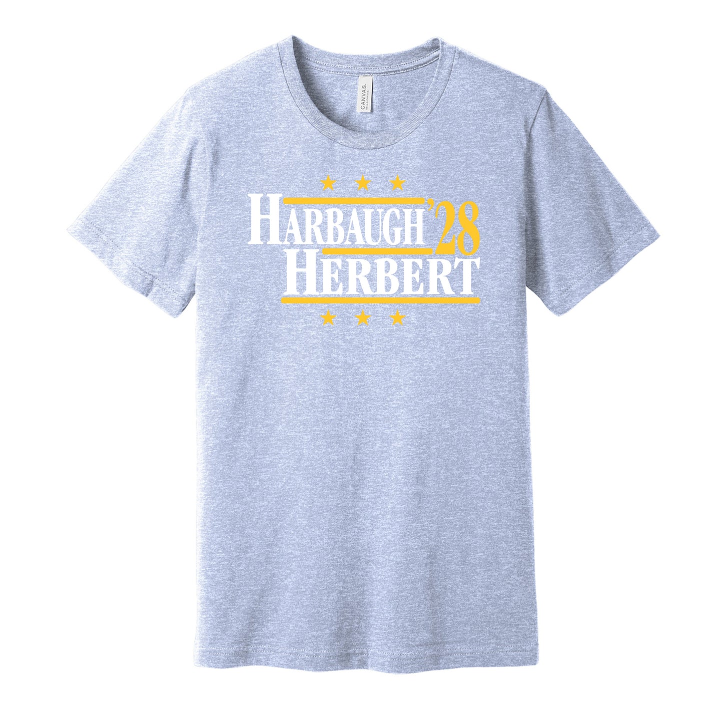 Los Angeles Chargers retro political campaign parody powder blue t-shirt featuring Jim Harbaugh and Justin Herbert '28, designed in a vintage election style by Hyper Than Hype Shirts.