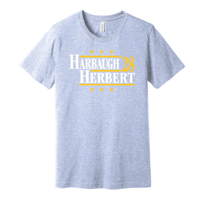Los Angeles Chargers retro political campaign parody powder blue t-shirt featuring Jim Harbaugh and Justin Herbert '28, designed in a vintage election style by Hyper Than Hype Shirts.