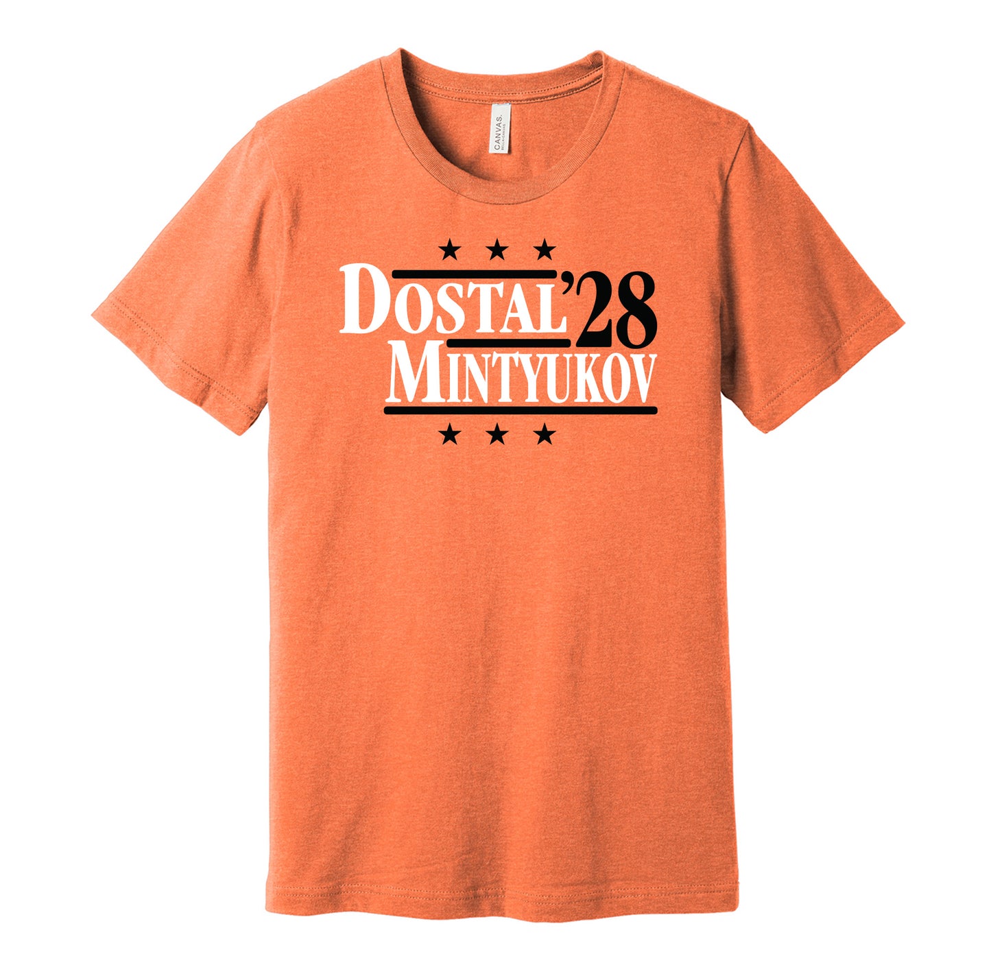 Anaheim Ducks retro political campaign parody orange t-shirt featuring Lukas Dostal and Pavel Mintyukov '28, designed in a vintage election style by Hyper Than Hype Shirts.