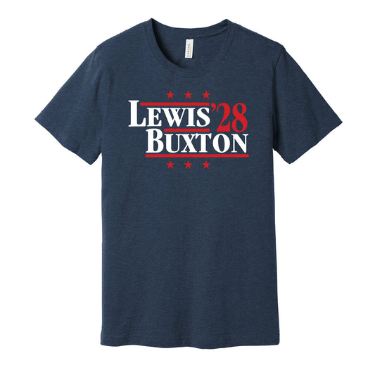 Minnesota Twins retro political campaign parody navy t-shirt featuring Royce Lewis and Byron Buxton '28, designed in a vintage election style by Hyper Than Hype Shirts.