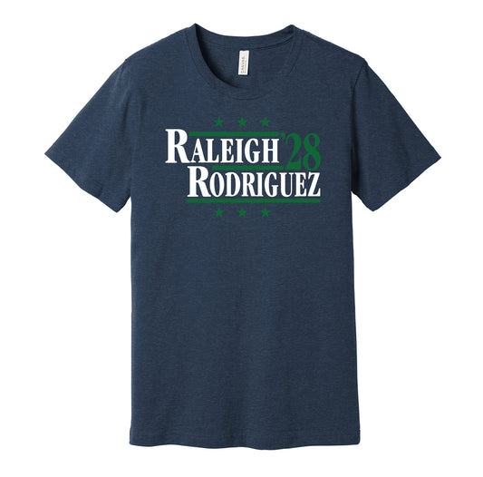 Seattle Mariners retro political campaign parody navy t-shirt featuring Cal Raleigh and Julio Rodríguez '28, designed in a vintage election style by Hyper Than Hype Shirts.