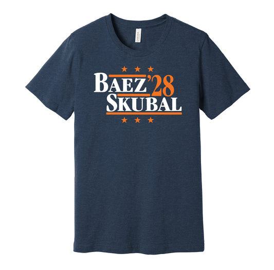 Detroit Tigers retro political campaign parody navy t-shirt featuring Javier Baez and Tarik Skubal '28, designed in a vintage election style by Hyper Than Hype Shirts.