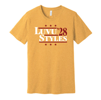 Washington Commanders retro political campaign parody gold t-shirt featuring Frankie Luvu and Sonny Styles '28, designed in a vintage election style by Hyper Than Hype Shirts.