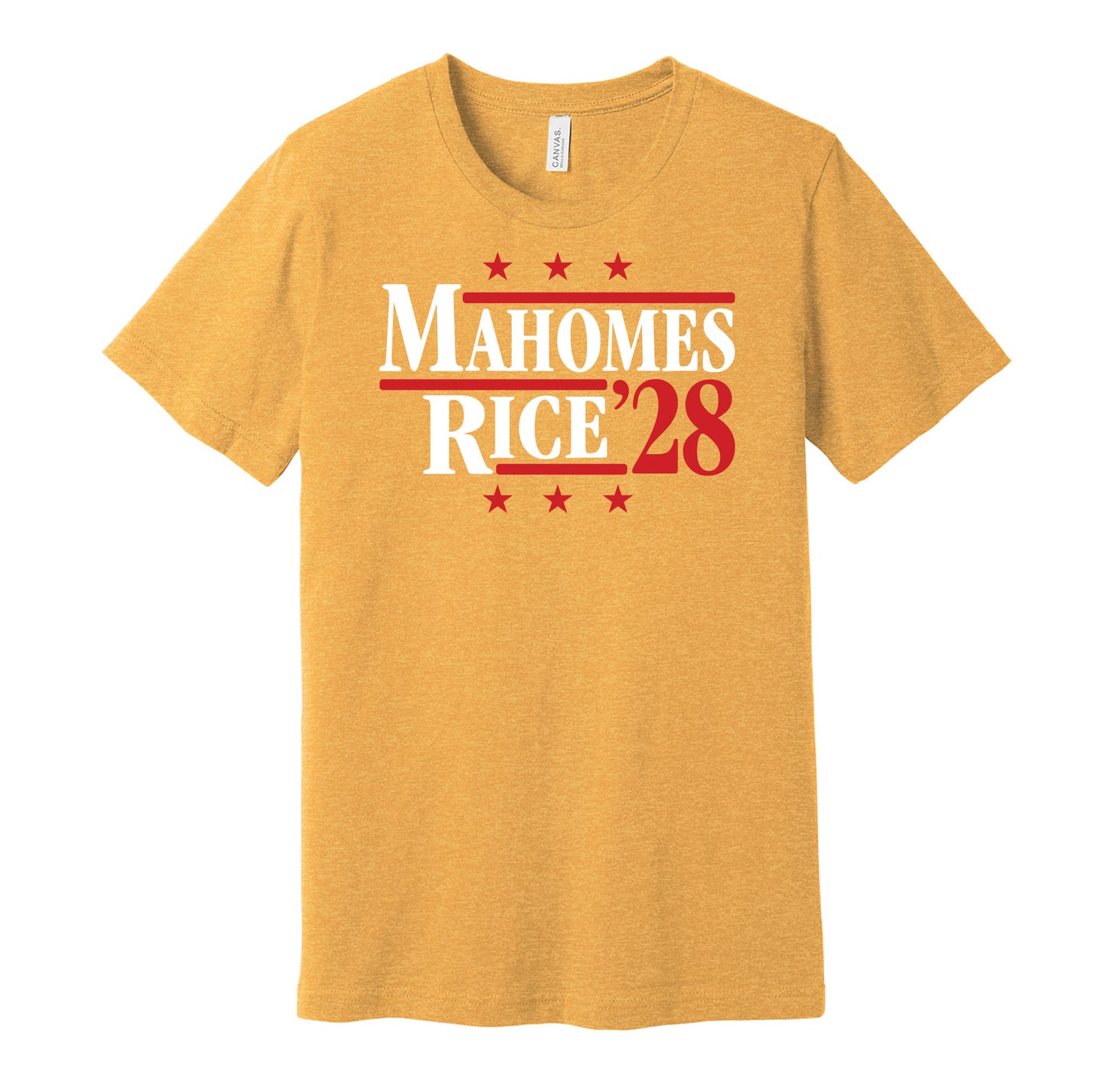 Kansas City Chiefs retro political campaign parody gold t-shirt featuring Patrick Mahomes and Rashee Rice '28, designed in a vintage election style by Hyper Than Hype Shirts.