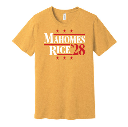 Kansas City Chiefs retro political campaign parody gold t-shirt featuring Patrick Mahomes and Rashee Rice '28, designed in a vintage election style by Hyper Than Hype Shirts.