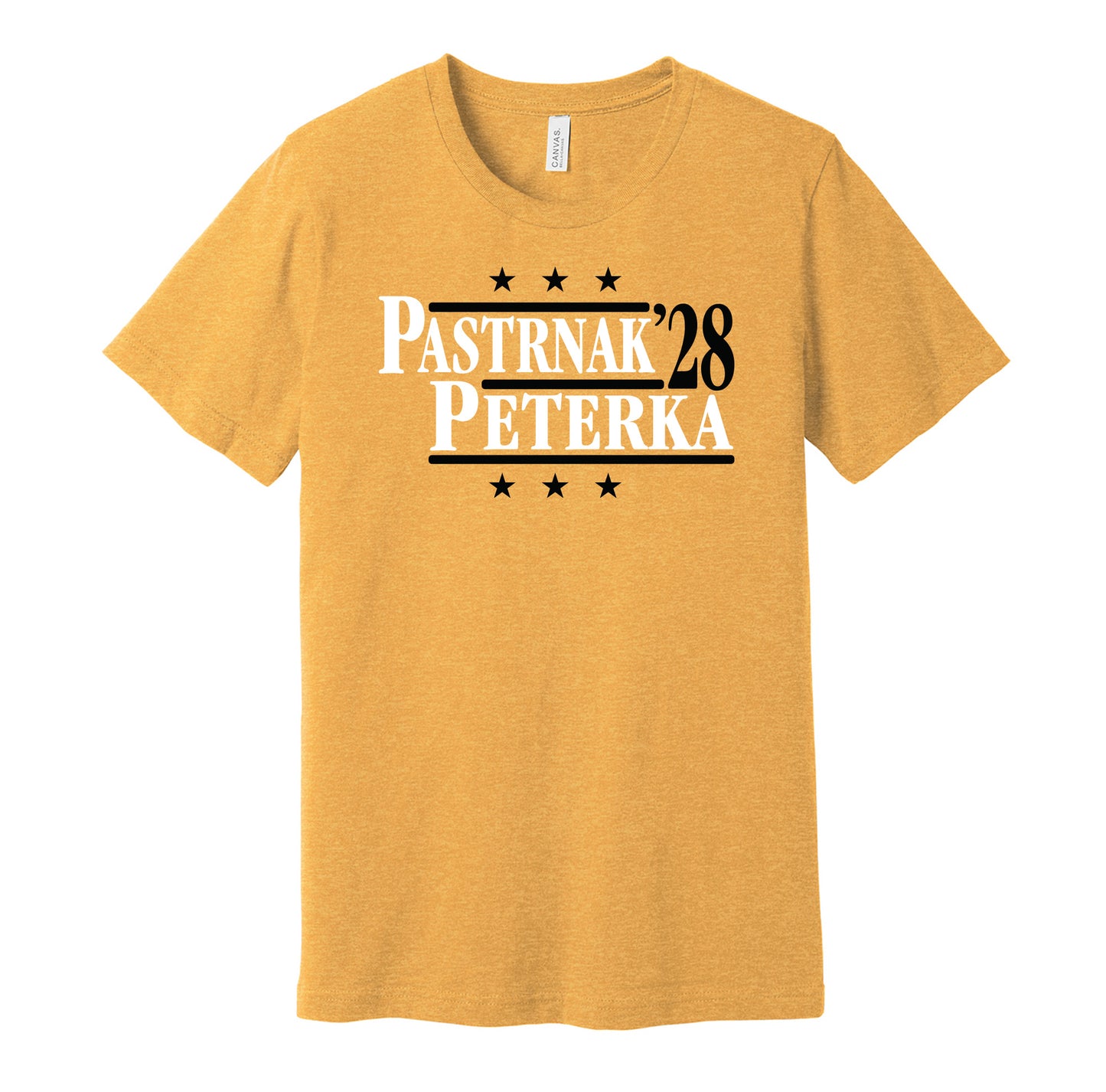 Boston Bruins retro political campaign parody gold t-shirt featuring David Pastrnak and JJ Peterka '28, designed in a vintage election style by Hyper Than Hype Shirts.