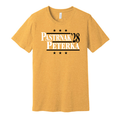 Boston Bruins retro political campaign parody gold t-shirt featuring David Pastrnak and JJ Peterka '28, designed in a vintage election style by Hyper Than Hype Shirts.