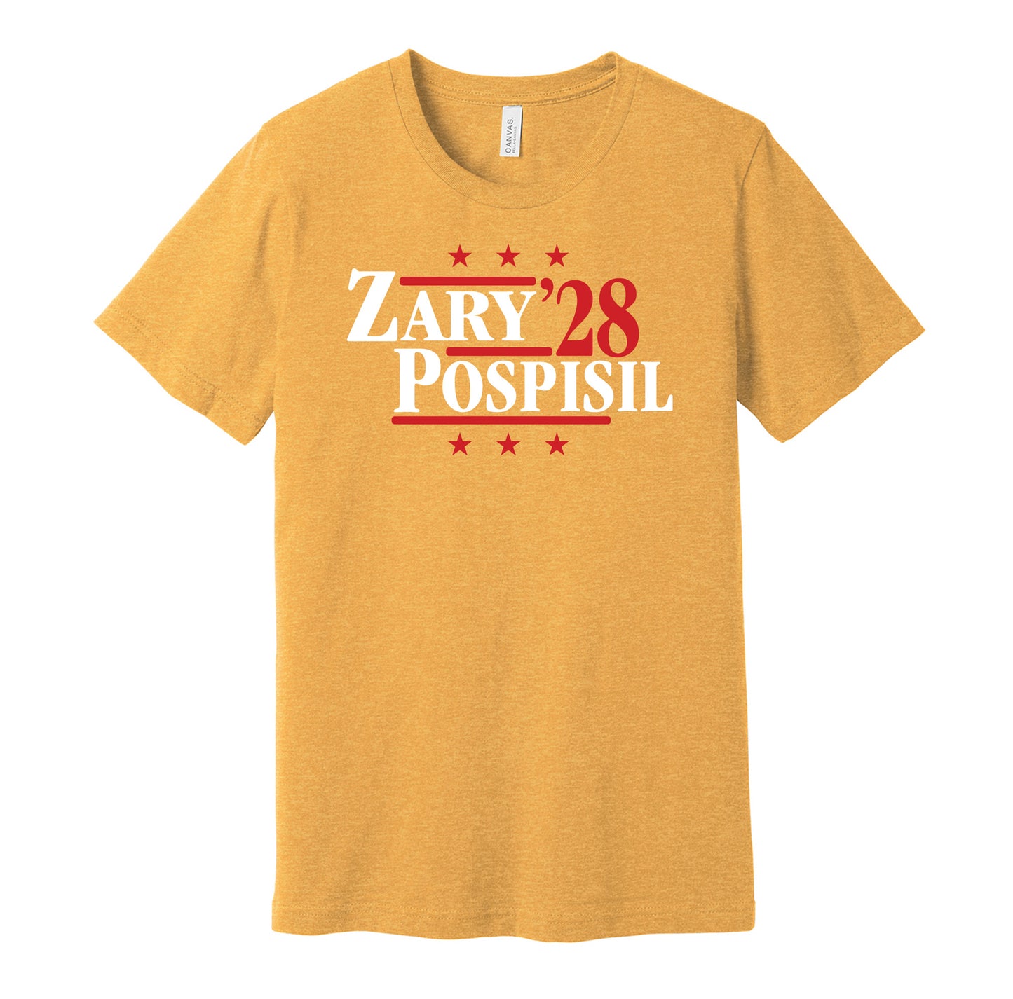 Calgary Flames retro political campaign parody gold t-shirt featuring Connor Zary and Martin Pospisil '28, designed in a vintage election style by Hyper Than Hype Shirts.