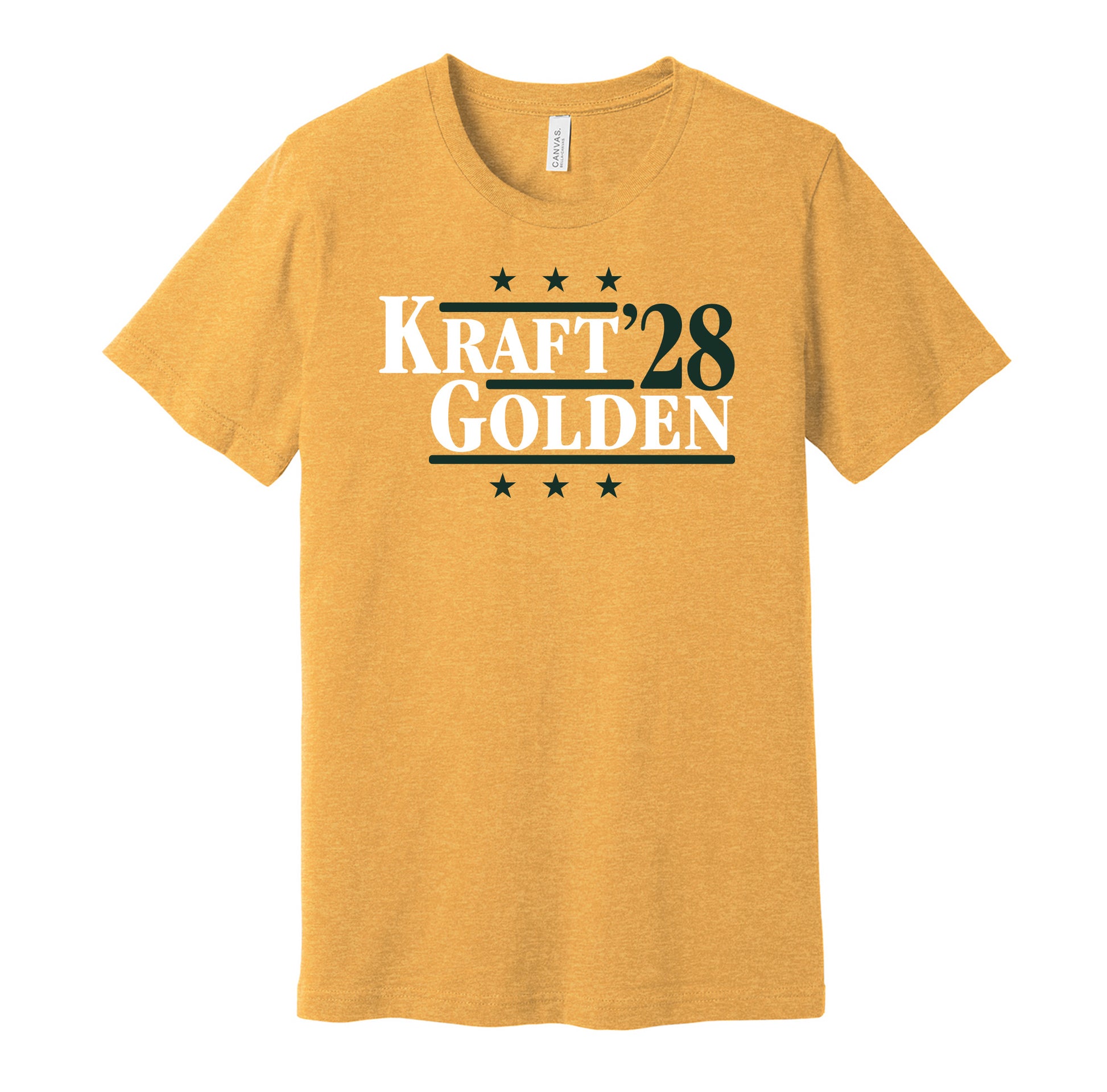Green Bay Packers retro political campaign parody gold t-shirt featuring Tucker Kraft and Matthew Golden '28, designed in a vintage election style by Hyper Than Hype Shirts.