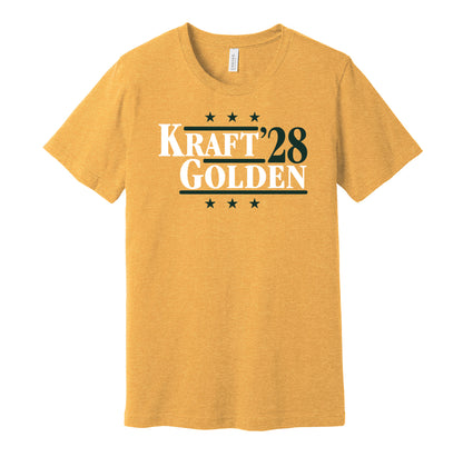 Green Bay Packers retro political campaign parody gold t-shirt featuring Tucker Kraft and Matthew Golden '28, designed in a vintage election style by Hyper Than Hype Shirts.