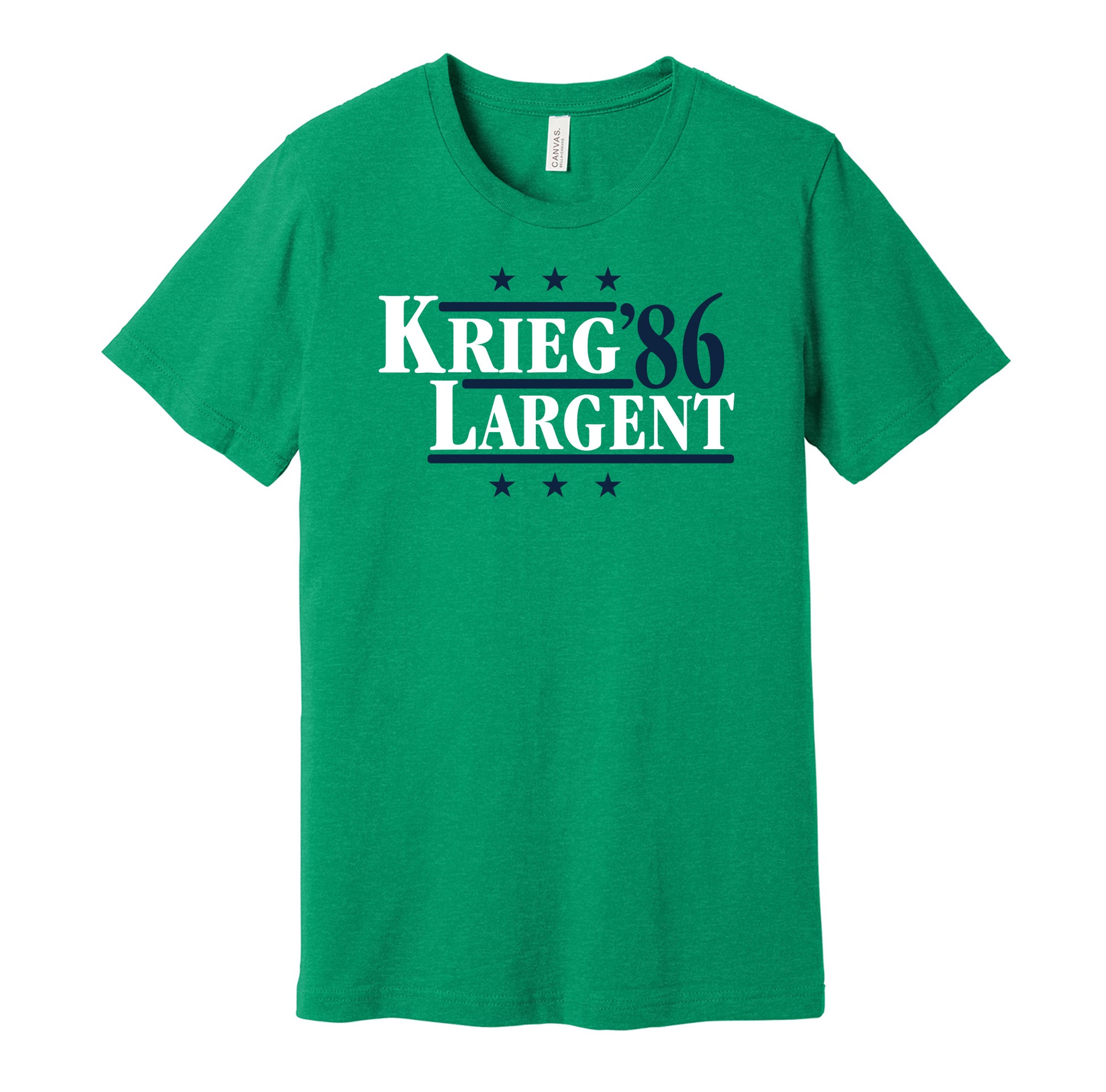 Seattle Seahawks retro political campaign parody green t-shirt featuring Dave Krieg and Steve Largent '86, designed in a vintage election style by Hyper Than Hype Shirts.