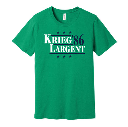 Seattle Seahawks retro political campaign parody green t-shirt featuring Dave Krieg and Steve Largent '86, designed in a vintage election style by Hyper Than Hype Shirts.