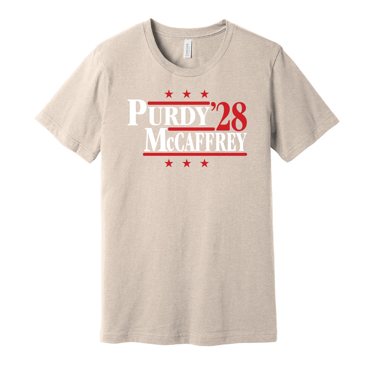 San Francisco 49ers retro political campaign parody gold t-shirt featuring Brock Purdy and Christian McCaffrey '28, designed in a vintage election style by Hyper Than Hype Shirts.