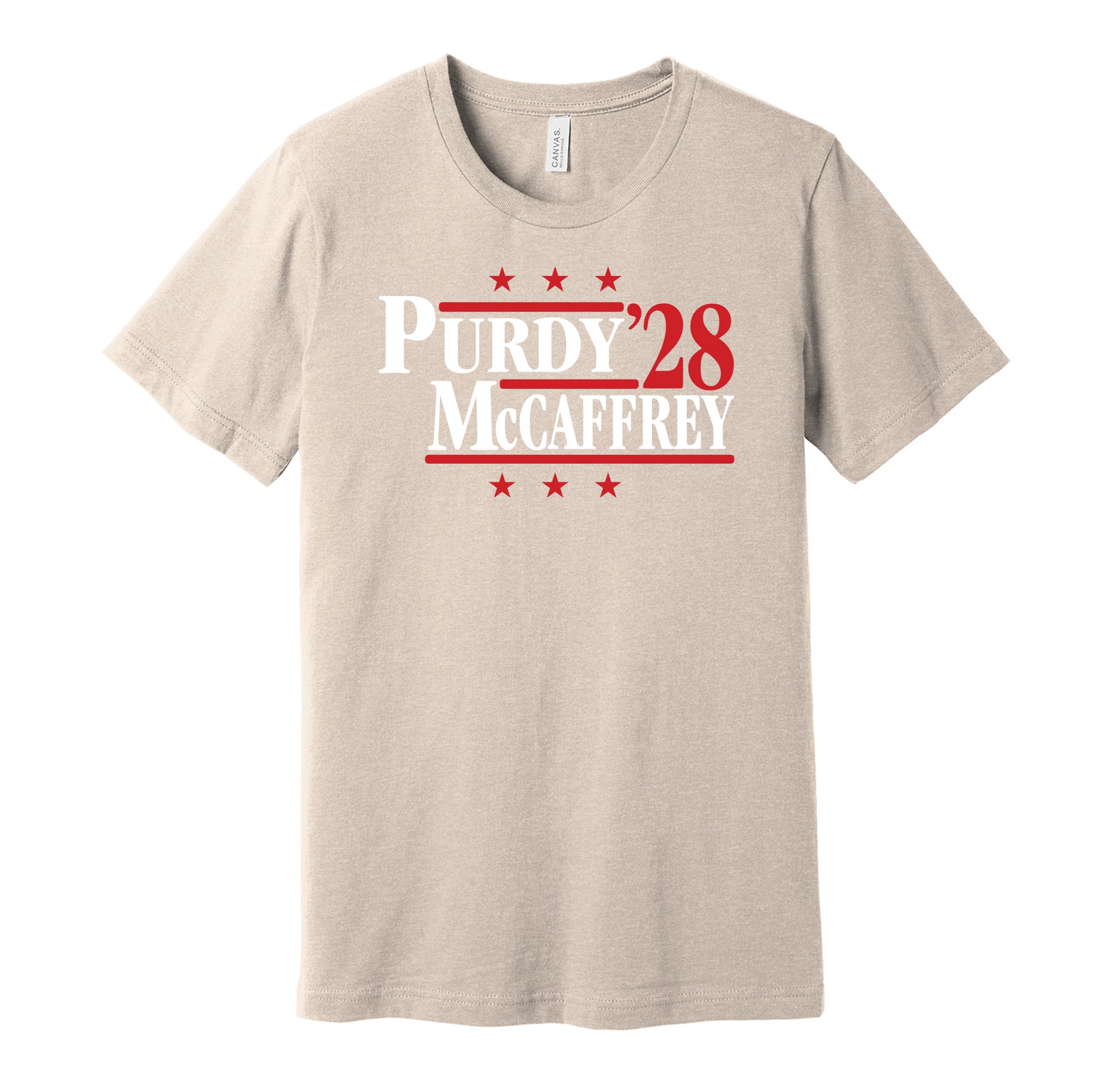 San Francisco 49ers retro political campaign parody gold t-shirt featuring Brock Purdy and Christian McCaffrey '28, designed in a vintage election style by Hyper Than Hype Shirts.