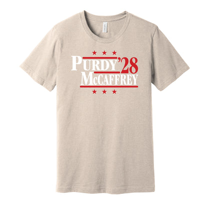 San Francisco 49ers retro political campaign parody gold t-shirt featuring Brock Purdy and Christian McCaffrey '28, designed in a vintage election style by Hyper Than Hype Shirts.