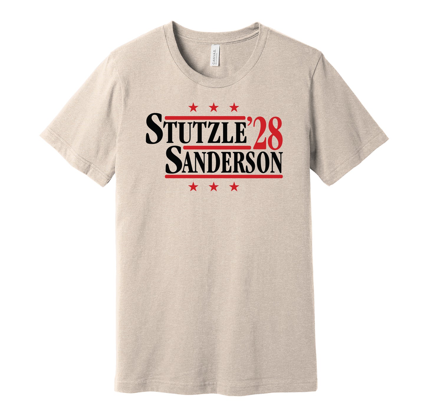 Ottawa Senators retro political campaign parody tan t-shirt featuring Tim Stützle and Jake Sanderson '28, designed in a vintage election style by Hyper Than Hype Shirts.