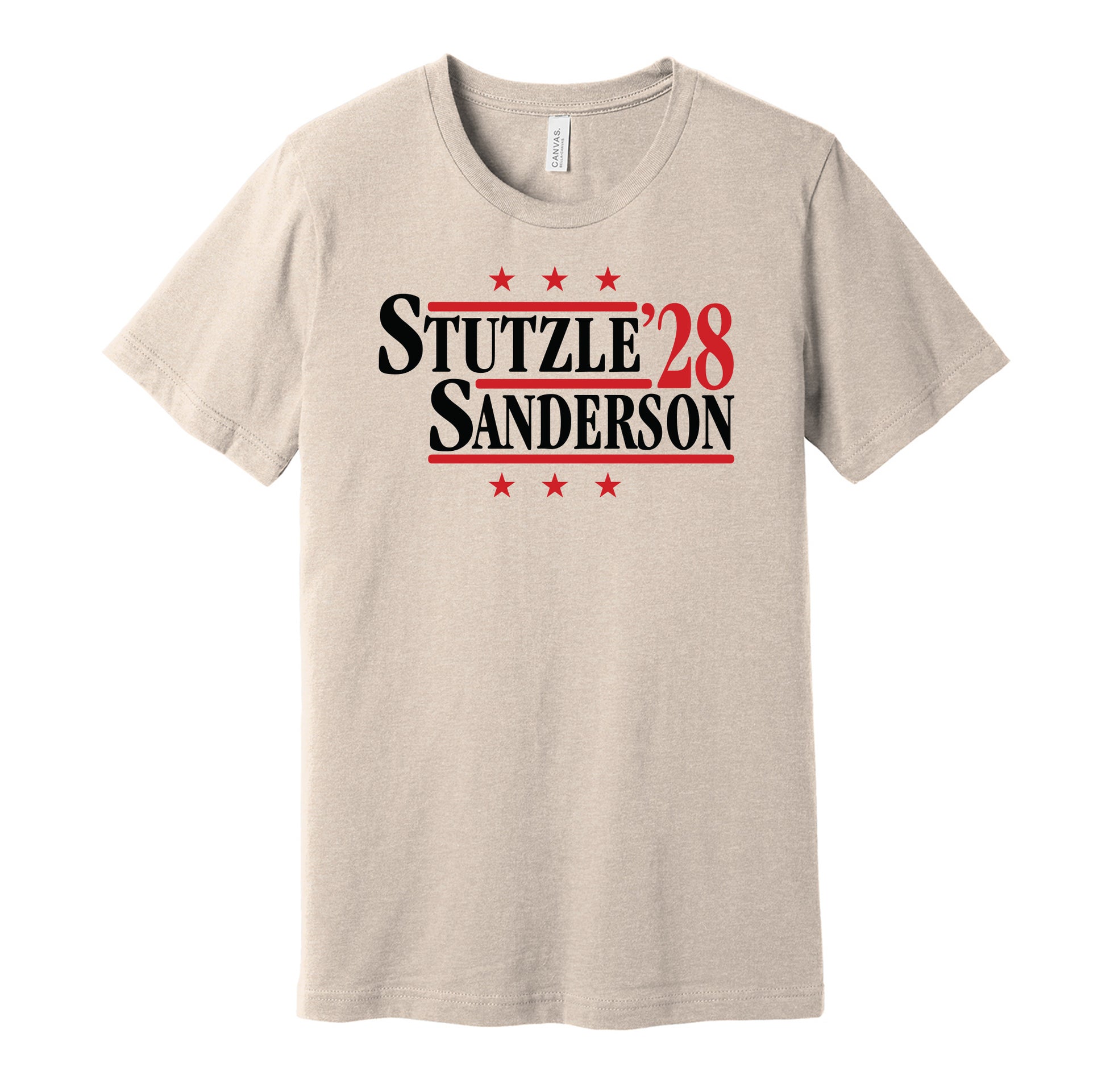 Ottawa Senators retro political campaign parody tan t-shirt featuring Tim Stützle and Jake Sanderson '28, designed in a vintage election style by Hyper Than Hype Shirts.