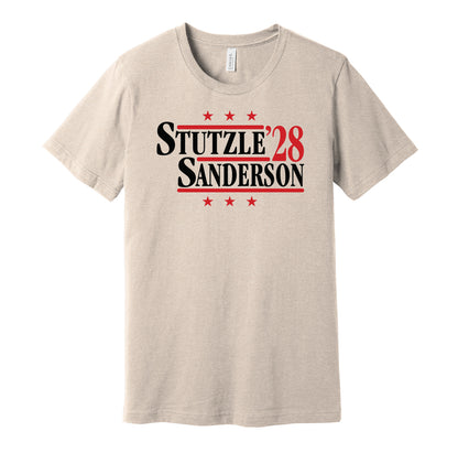 Ottawa Senators retro political campaign parody tan t-shirt featuring Tim Stützle and Jake Sanderson '28, designed in a vintage election style by Hyper Than Hype Shirts.