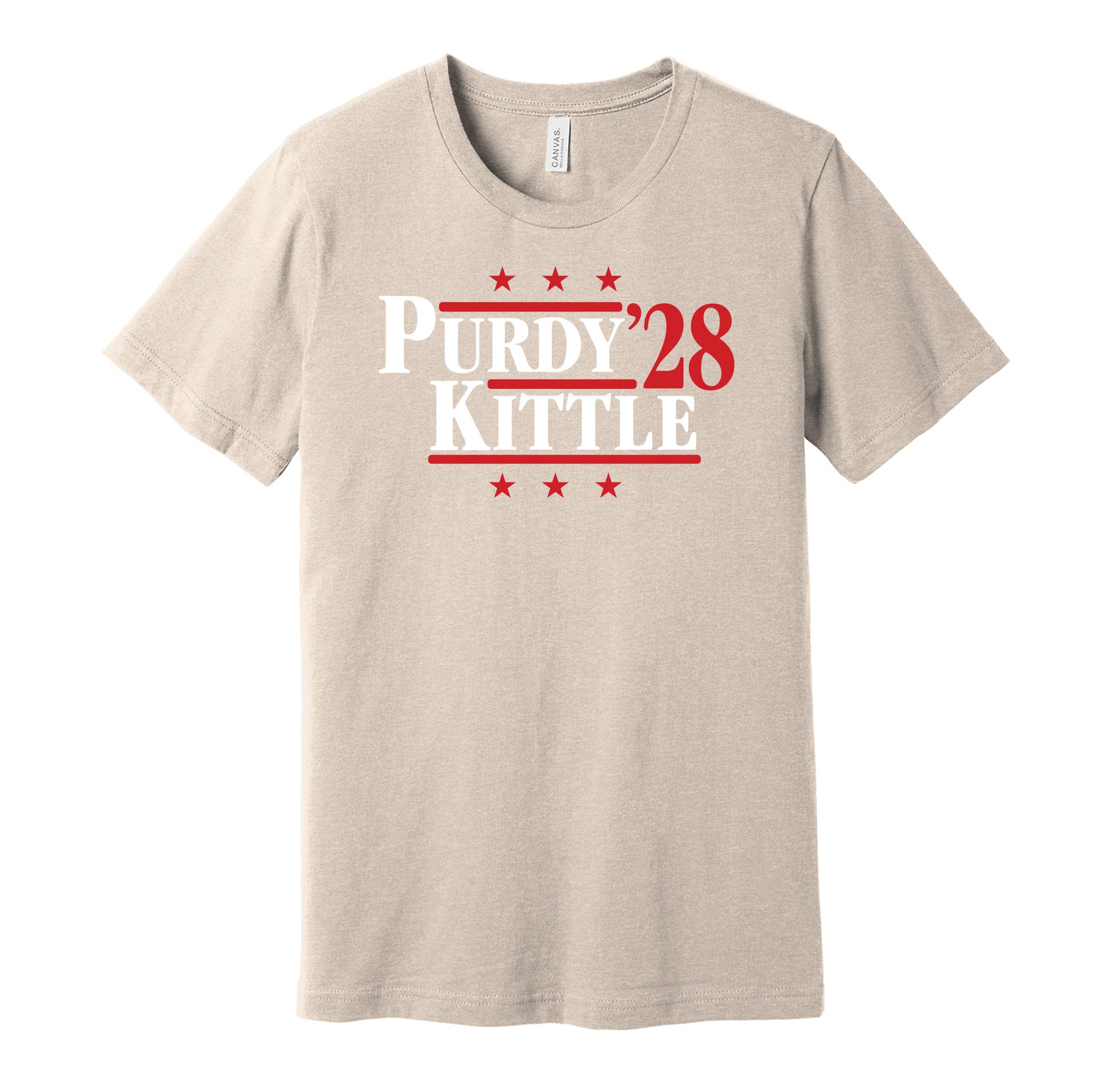 San Francisco 49ers retro political campaign parody gold t-shirt featuring Brock Purdy and George Kittle '28, designed in a vintage election style by Hyper Than Hype Shirts.
