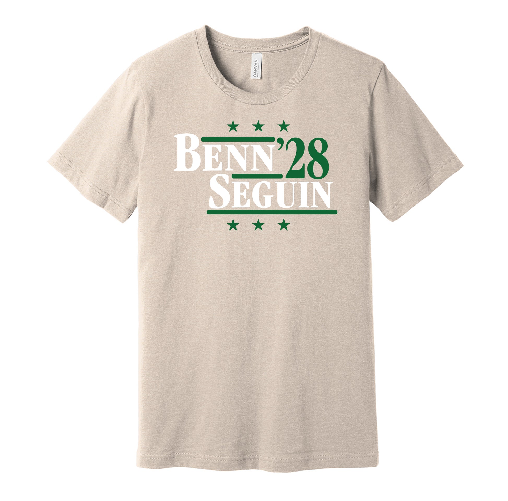 Dallas Stars retro political campaign parody tan t-shirt featuring Jamie Benn and Tyler Seguin '28, designed in a vintage election style by Hyper Than Hype Shirts.