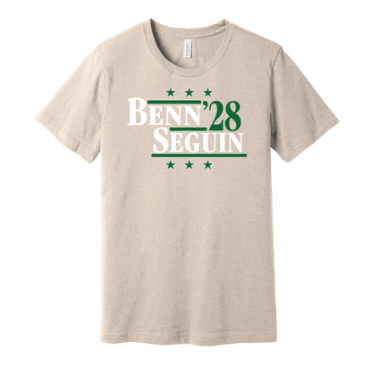Dallas Stars retro political campaign parody tan t-shirt featuring Jamie Benn and Tyler Seguin '28, designed in a vintage election style by Hyper Than Hype Shirts.