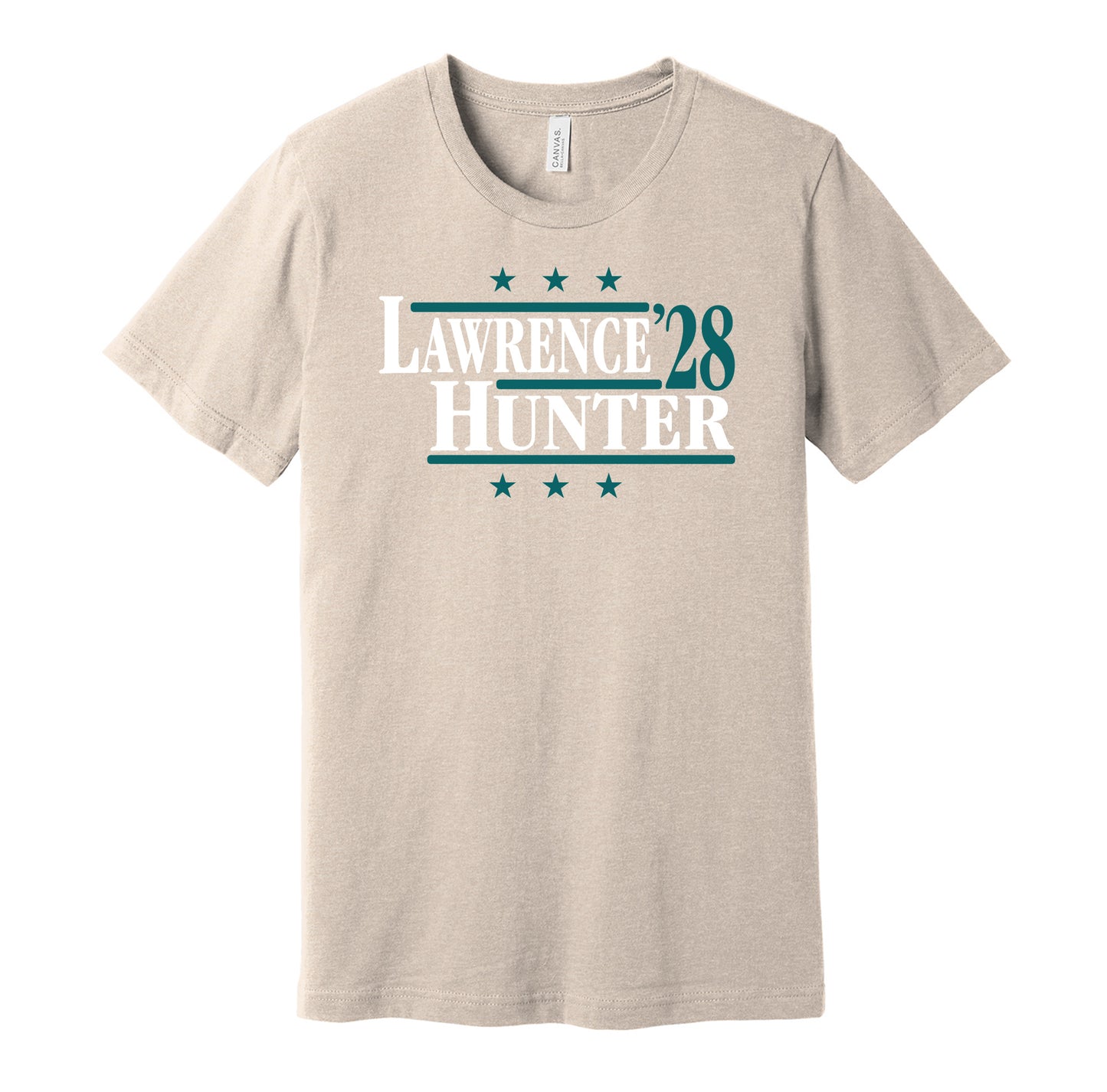 Jacksonville Jaguars retro political campaign parody tan t-shirt featuring Trevor Lawrence and Travis Hunter '28, designed in a vintage election style by Hyper Than Hype Shirts.