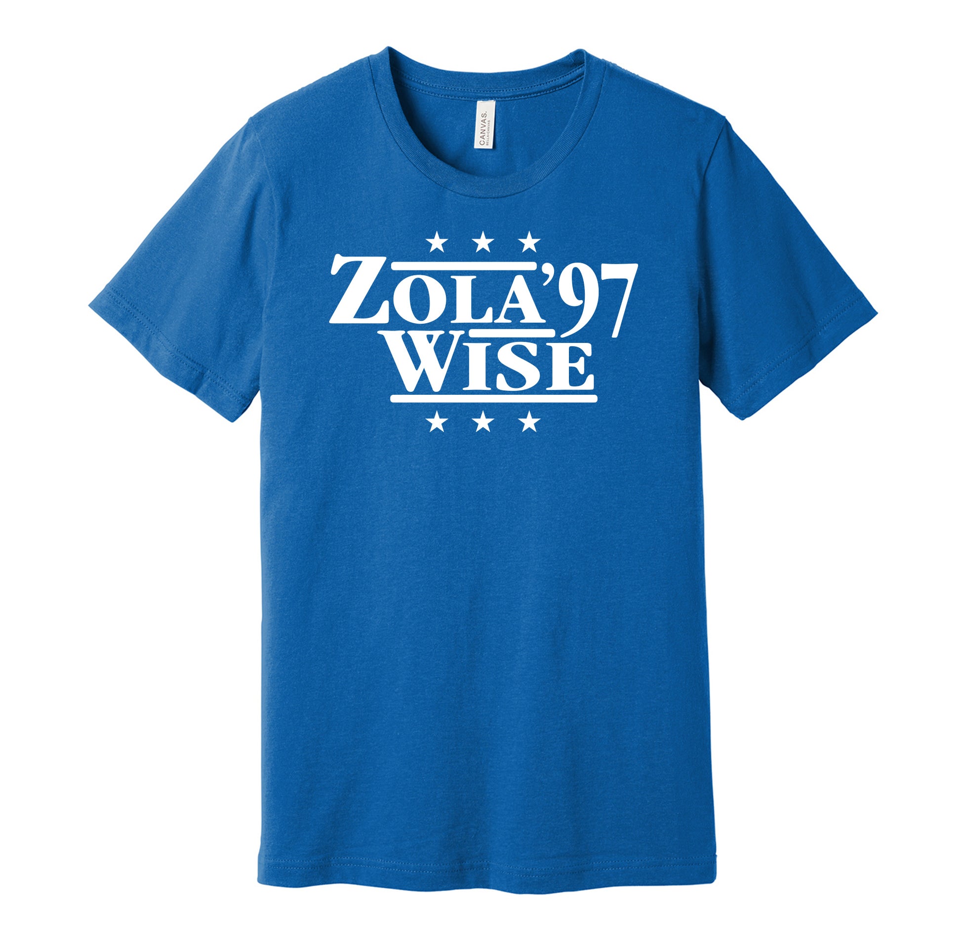 Chelsea retro political campaign parody blue t-shirt featuring Gianfranco Zola and Dennis Wise '97, designed in a vintage election style by Hyper Than Hype Shirts.