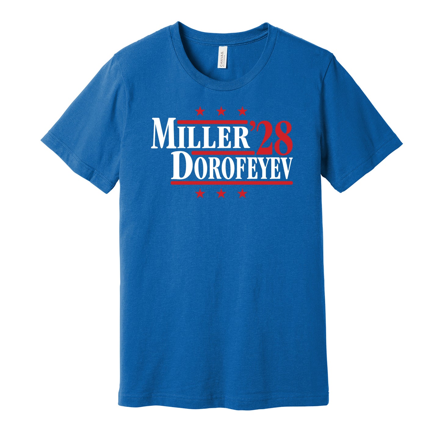 New York Rangers retro political campaign parody blue t-shirt featuring J.T. Miller and Pavel Dorofeyev '28