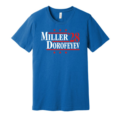 New York Rangers retro political campaign parody blue t-shirt featuring J.T. Miller and Pavel Dorofeyev '28