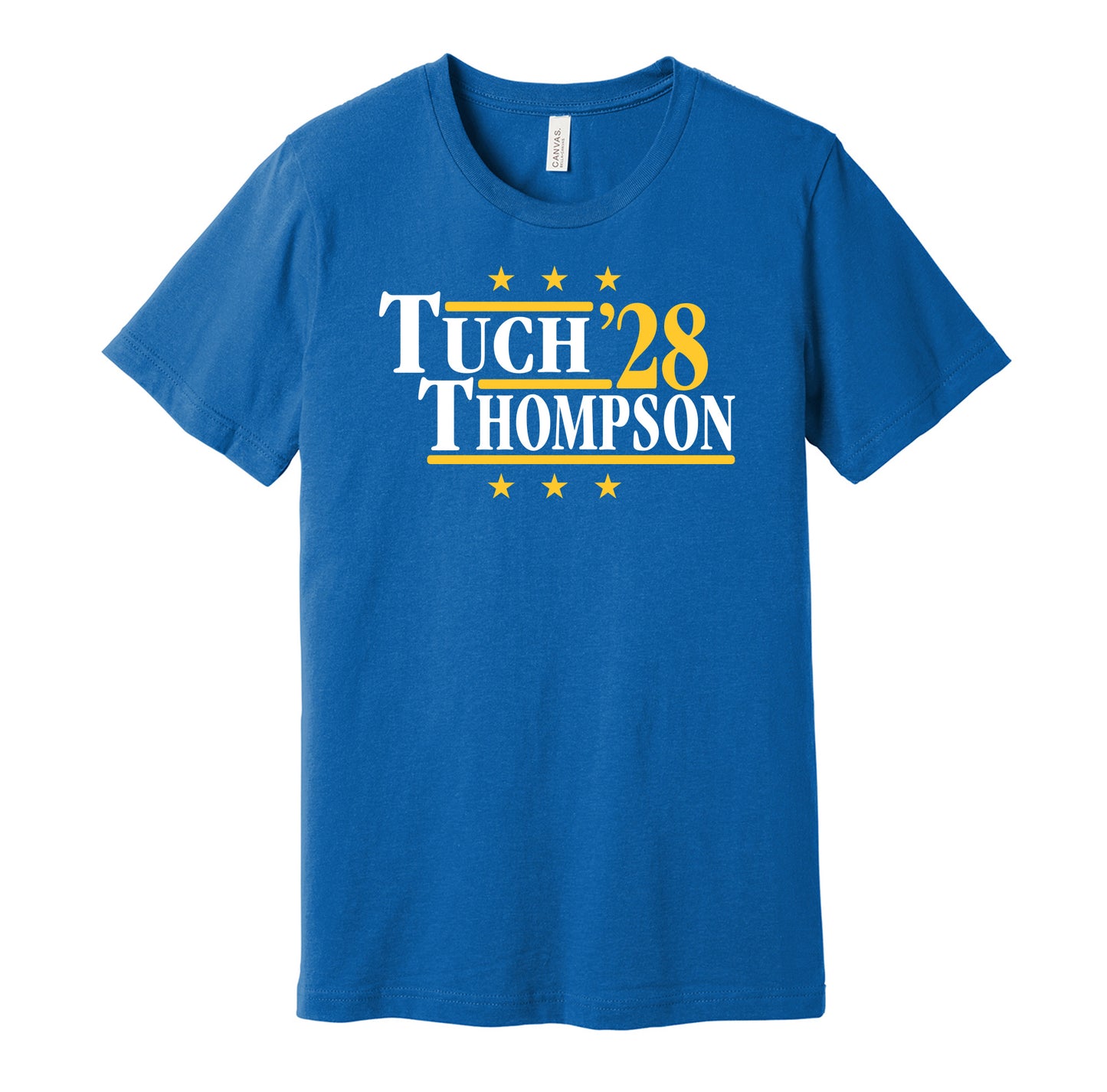 Buffalo Sabres retro political campaign parody blue t-shirt featuring Tage Thompson and Alex Tuch '28, designed in a vintage election style by Hyper Than Hype Shirts.