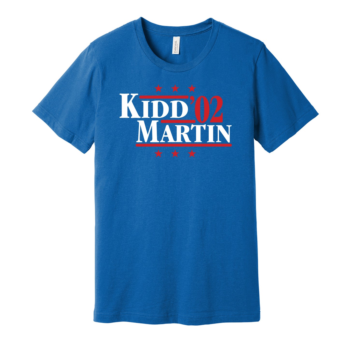New Jersey Nets retro political campaign parody red t-shirt featuring Jason Kidd and Kenyon Martin '02, designed in a vintage election style by Hyper Than Hype Shirts.