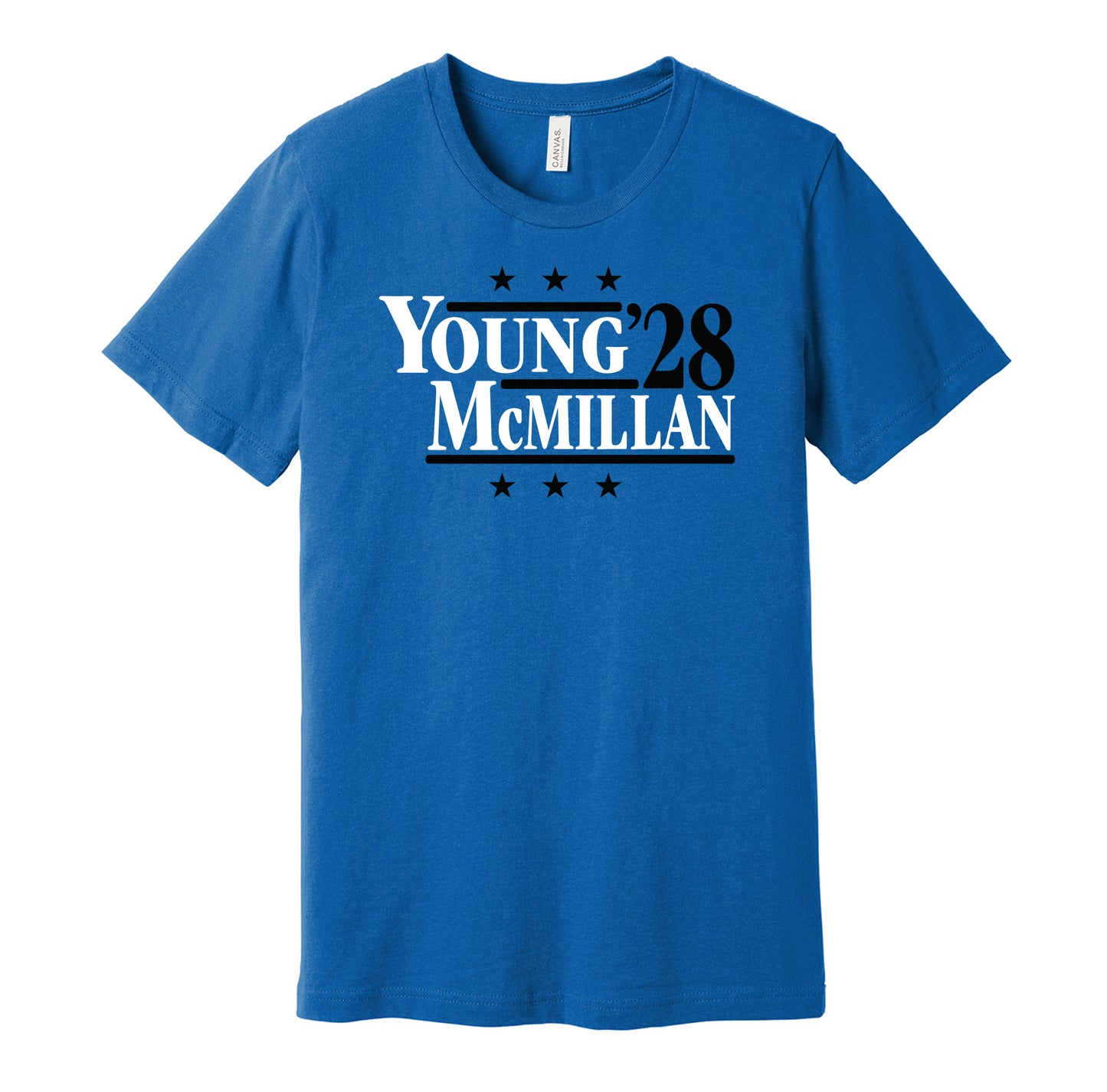 Carolina Panthers retro political campaign parody blue t-shirt featuring Bryce Young and Tetairoa McMillan '28, designed in a vintage election style by Hyper Than Hype Shirts.