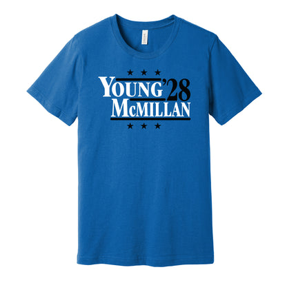 Carolina Panthers retro political campaign parody blue t-shirt featuring Bryce Young and Tetairoa McMillan '28, designed in a vintage election style by Hyper Than Hype Shirts.